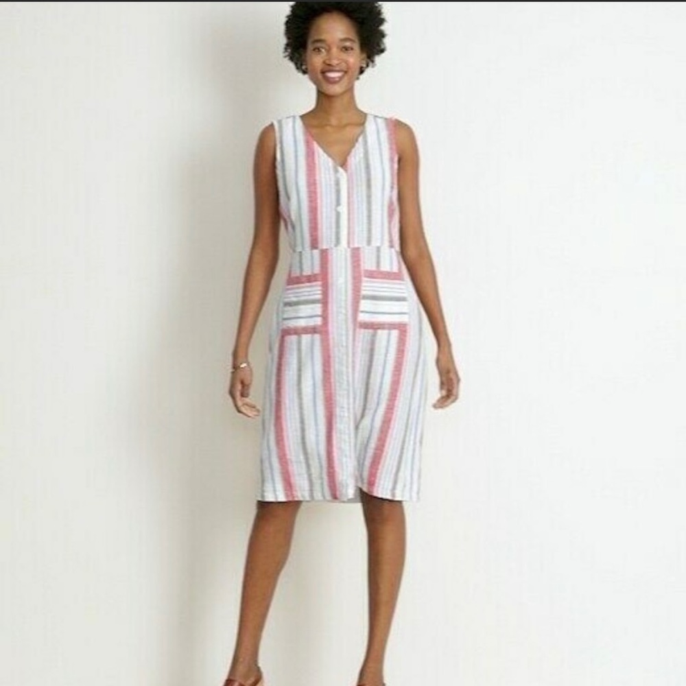 Color Striped Button-Front Linen-Blend Fit & Flare Dress Old Navy